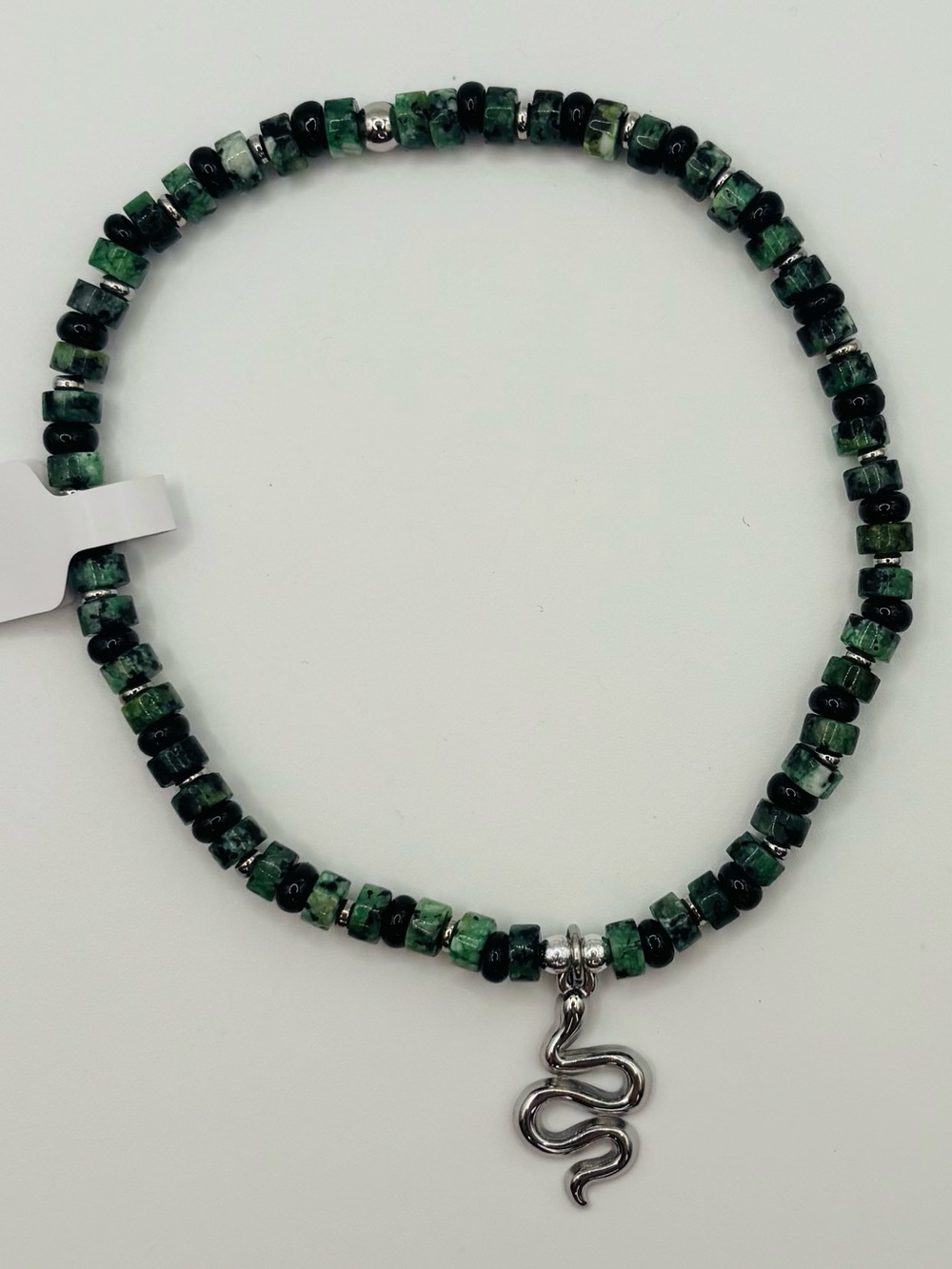 *ANKLET* S. Steel Silver Snake with African Turquoise Stone Stretchy Anklet